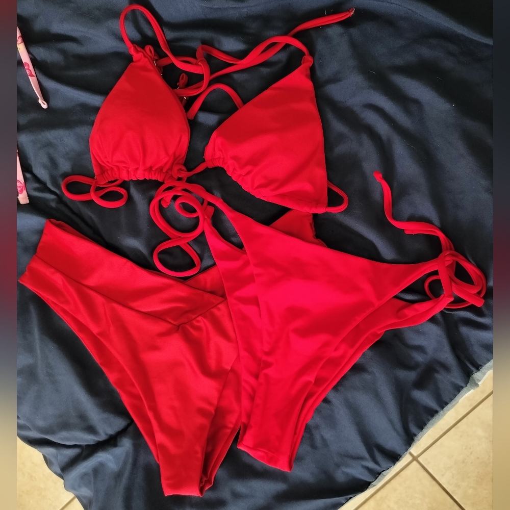 Red Bikini Set with 2 Bottoms Size S:Small (Triangle, V, Strings, Tie, SheIn)